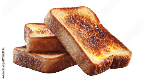 A stack of three golden brown toasted bread slices, perfectly browned with a slightly crisp texture, isolated on transparent background