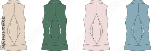 Collection of four sleeveless jackets in different colors, presented as fashion illustrations on a white background