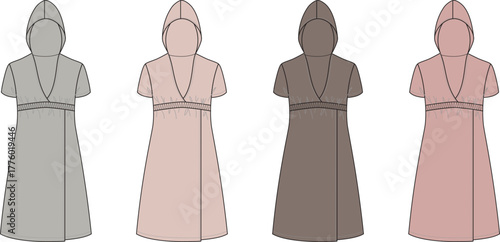 Four different colored modest dresses with short sleeves and a v-neckline, displayed in a flat lay style with a clean white background