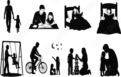 Father and daughter family activities, parenting moments, fatherhood love, bedtime reading, outdoor play, education, bonding, care, childhood growth, togetherness