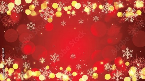 Festive red background with snowflakes and golden bokeh lights