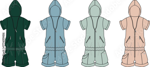 Children's fashion A collection of four hooded short-sleeved rompers in various pastel and dark green hues, showcasing different color options for infant apparel