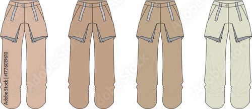Collection of technical flat fashion sketches showing versatile convertible cargo pants with zip-off legs, presented in four different neutral colorways for apparel design mockups