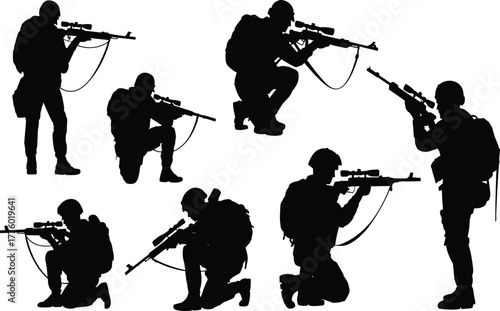 Silhouette vector illustration of military soldiers aiming rifles in various tactical shooting positions, army training, combat readiness, and defense posture design