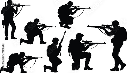 Soldiers with rifles in different shooting positions silhouette vector illustration, military team training, army combat readiness and tactical sniper action