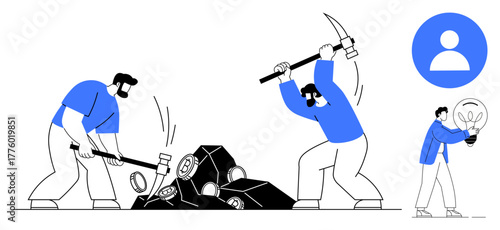 Workers breaking rocks with tools symbolizing collaboration, hard work, and discovery. Ideal for teamwork, innovation, goal-setting, leadership, brainstorming, resourcefulness success metaphors