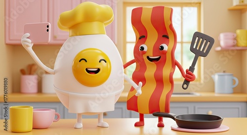 Cartoon egg and bacon characters in kitchen scene holding phone and spatula