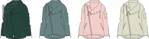 A collection of four hooded jackets in various colors including dark green, teal, light pink, and beige, displayed side-by-side