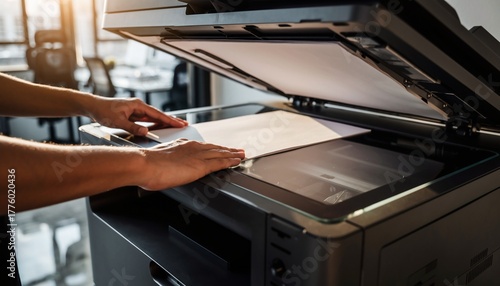 A hand close-up of copying and scanning documents using a multifunction printer in a modern office.