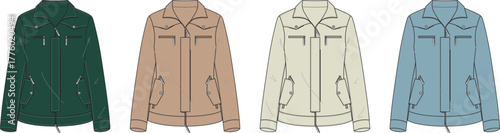 Set of four women's bomber jackets in different colors. Fashion technical flat sketch vector illustration for apparel design and clothing manufacturing