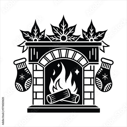 Cozy fireplace with stockings hanging and fire