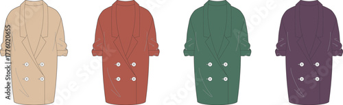 A colorful collection of women's double-breasted trench coats in various shades. Fashion design technical flat sketch illustration set for apparel
