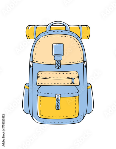 Doodle Travel Backpack Subject with Hand-Sketched Zipper Pockets Patched Badges and Rolled Sleeping Mat in Three-Quarter View