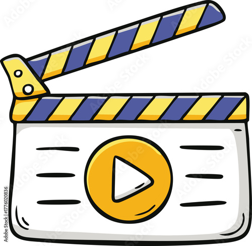 Doodle Film Clapboard Subject with Sketchy Borders Play Icon Inset Slate Markings and Angled Perspective