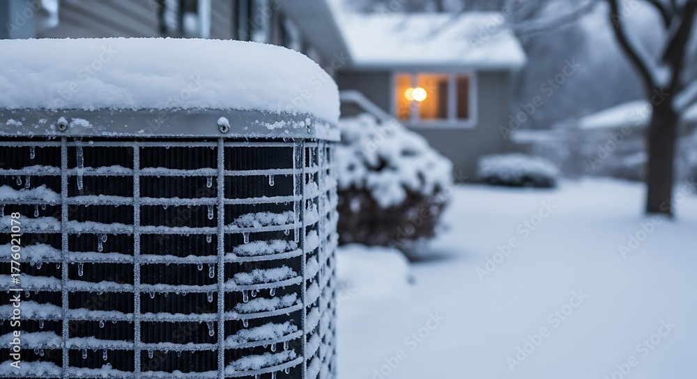 Fototapeta premium Snow covered air conditioner unit with icicles winter