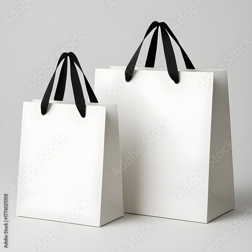 Two blank white luxury paper shopping bags with black handles, isolated on a gray background for branding mockup and retail packaging design