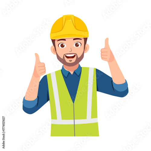 Happy Caucasian Male Construction Worker Giving Thumbs Up Wearing Hard Hat and Safety Vest