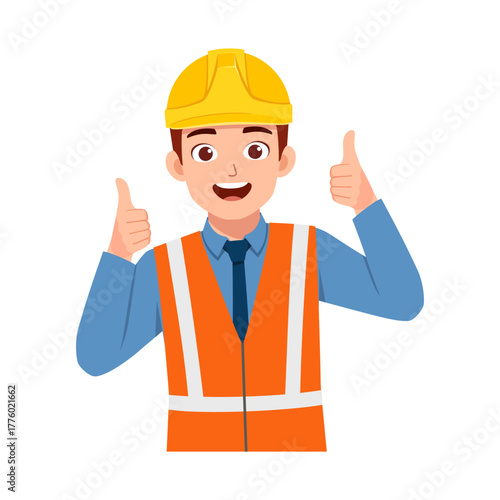 Smiling Construction Worker Gives Thumbs Up Wearing Hard Hat and Safety Vest