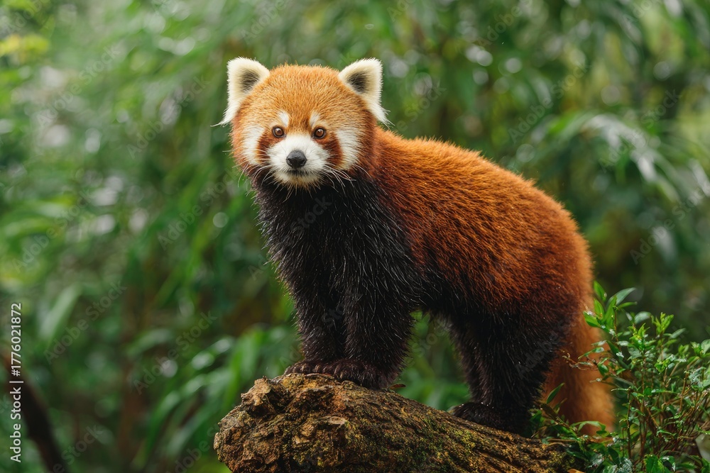 Naklejka premium A reddish-brown and black mammal stands on a log, gazing forward, with greenery behind