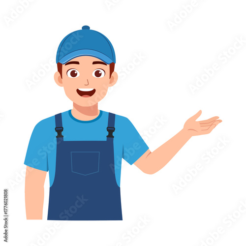 Happy Young Man Wearing Blue Overalls and Cap Presenting Product with Open Palm Hand Gesture