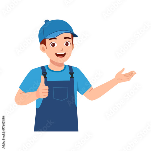Happy Young Asian Man in Overalls Giving Thumbs Up and Presenting with Open Hand Illustration