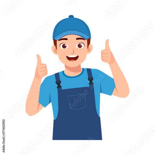 Happy Young Man Wearing Overalls Giving Thumbs Up Gestures While Smiling Positively