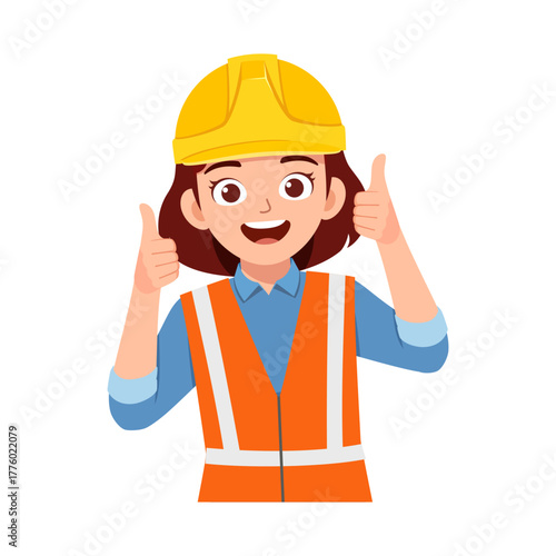 Happy female worker wearing safety vest and helmet giving thumbs up gesture
