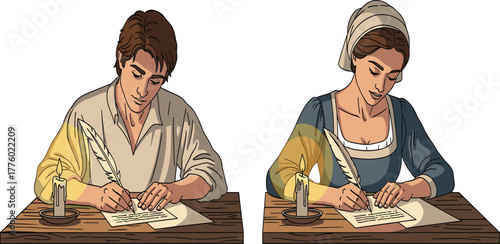 Historical couple writing letters with quill pen, vintage style illustration, old fashioned communication, romantic correspondence, antique paper, candle light scene