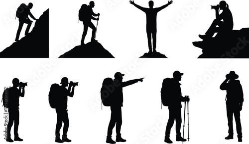 Hiker silhouette collection, mountain climbing adventure, backpack traveler exploring nature, photography on peak, outdoor exploration concept, trekking, freedom, wilderness, travel inspiration