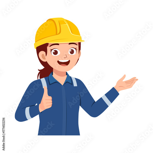 Smiling Woman Engineer in Blue Uniform with Yellow Hard Hat Giving Thumbs Up and Presenting