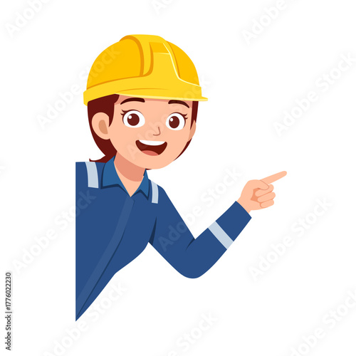 Happy Woman Engineer in Yellow Hard Hat Pointing with Smile Professional and Cheerful