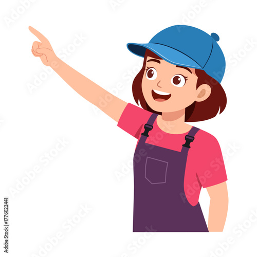 Young Girl Pointing Upwards Smiling Wearing Pink Shirt and Overalls with Blue Hat Illustration