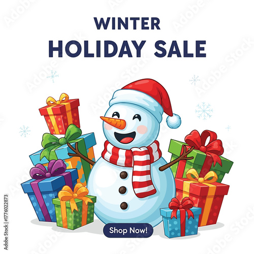 Cute snowman with gifts announces winter holiday sale festive christmas promotion vector