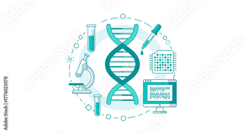 Cutting-edge science illustration showcasing DNA research, modern lab equipment, and genetic analysis for medical advancements in biotechnology