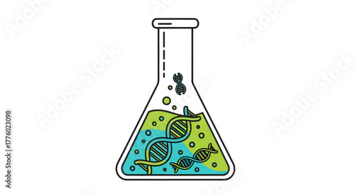 Engaging scientific illustration of a flask with DNA for innovative biotech research and development, vibrant colors, and modern design elements for impact