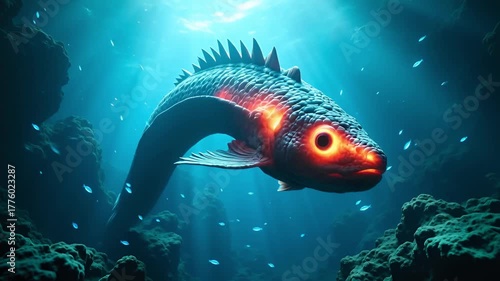 Majestic Bioluminescent Serpent Fish Swims Through Deep Ocean Coral Reefs Illuminated by Sun Rays