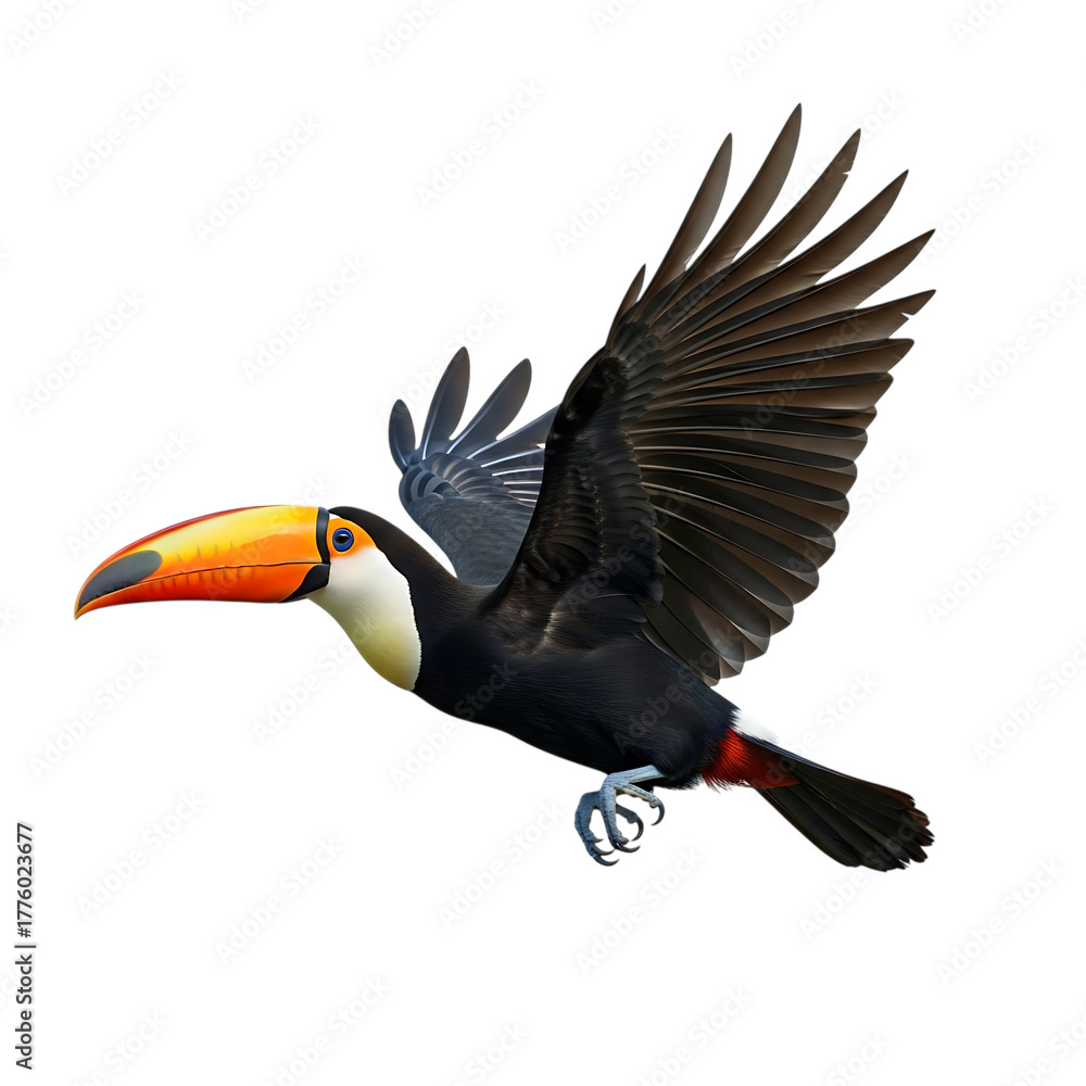 Obraz premium Toucan bird, with large orange beak in flight with wings spread wide, cutout, PNG isolated on white or transparent background