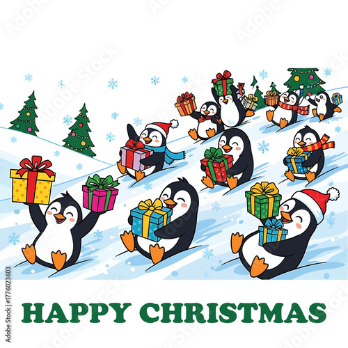 Charming penguins celebrate christmas season delightfully sharing holiday gifts outdoors vector