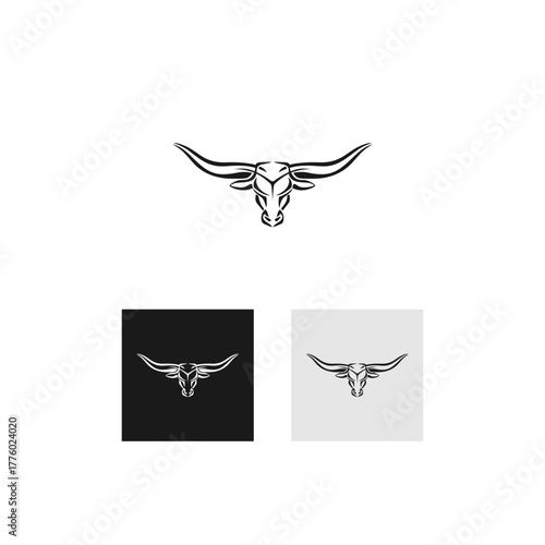 Minimalist bull skull logo design with long horns on white background