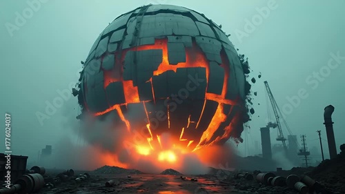 Massive Cracked Sphere Explodes with Intense Orange Fire and Smoke Amidst Industrial Junkyard Scenery with Cranes and Smokestacks Under Overcast Sky