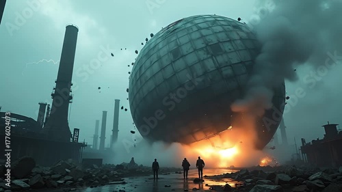 Three Figures Observe Giant Sphere Exploding Over Industrial Wasteland Under Moody Sky With Lightning