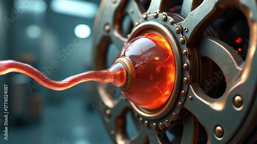 Steampunk Mechanical Orb With Amber Liquid Flowing Through Gears Industrial Futuristic Macro Shot