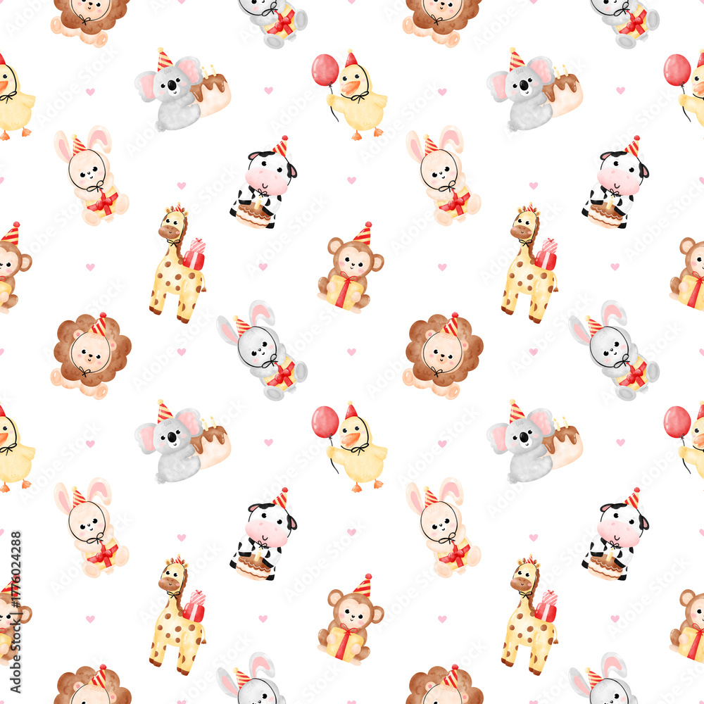 Fototapeta premium Watercolor Cute Animal Birthday Party Seamless Pattern, Baby Shower Safari Celebration Background for Nursery Fabric and Paper