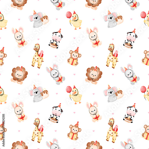 Watercolor Cute Animal Birthday Party Seamless Pattern, Baby Shower Safari Celebration Background for Nursery Fabric and Paper