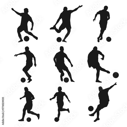 Soccer Player Silhouette Set, Football Athlete Poses Kicking, Dribbling, and Passing Ball, Vector Illustration for Sports Poster, Team Training, Match Design, and Game Template