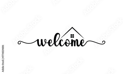 Elegant hand-lettered “welcome” text with a house roof and window icon, perfect for front porch signs, farmhouse decor, doormats, Cricut projects, wall art, vinyl decals, and home entry designs.