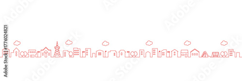 Line Art Townscape – Simple Red Outline Illustration
