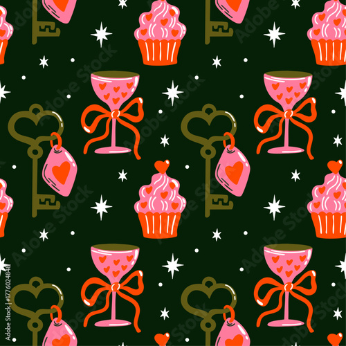 Saint Valentine's Day seamless vector pattern design with cute coquette romantic witchy cartoon illustration of heart, love potion, sweet cupcake, key, 14 February themed