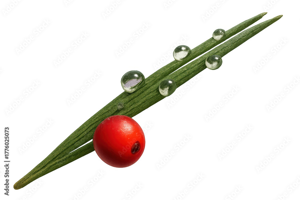 Fototapeta premium Green plant stems with fresh clear dew drops and a single red berry presenting natural beauty on transparent background