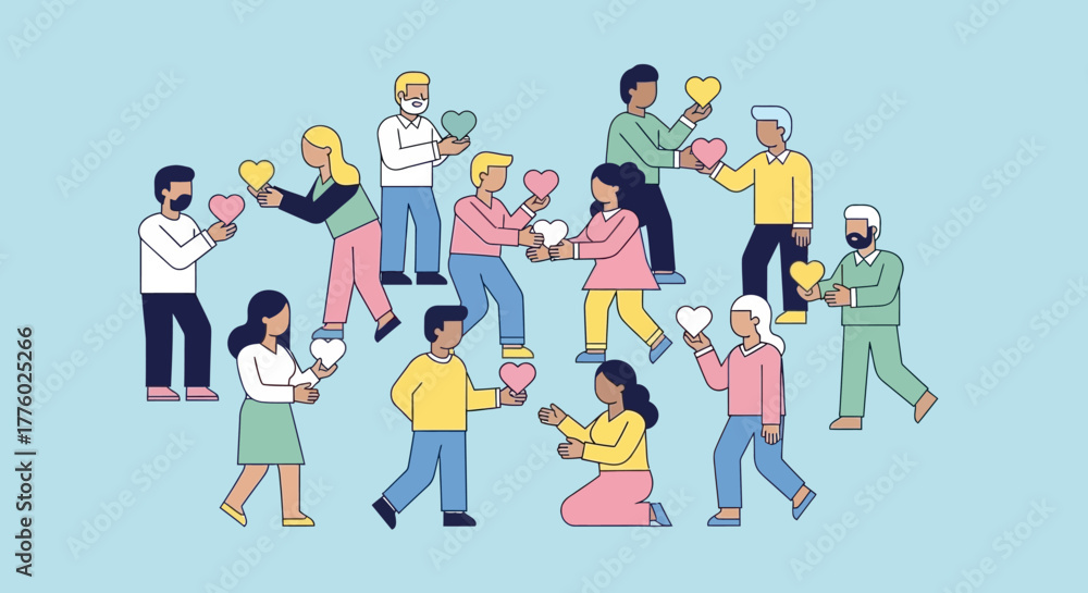 Fototapeta premium Showcase community, love, and kindness with this illustration. Perfect for social media, charity campaigns, and promoting positive values. Encourage unity and compassion today!